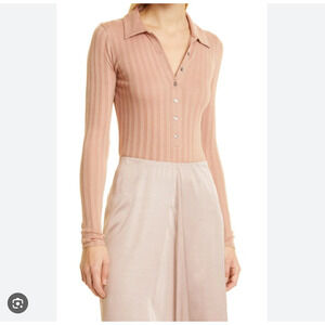 Vince Blush Sand Ribbed Collared Buttonup Bodysuit Small